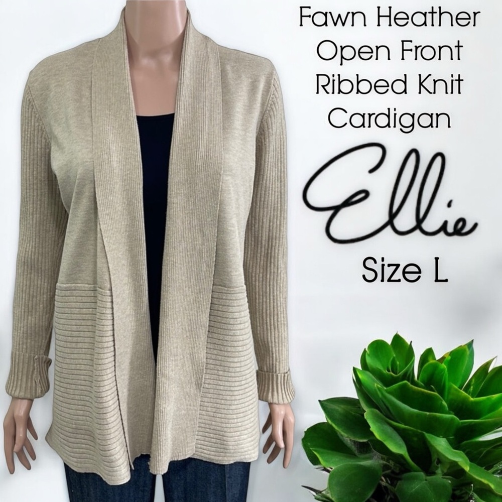 Ellie Fawn Heather Open Front Ribbed Knit Cardigan